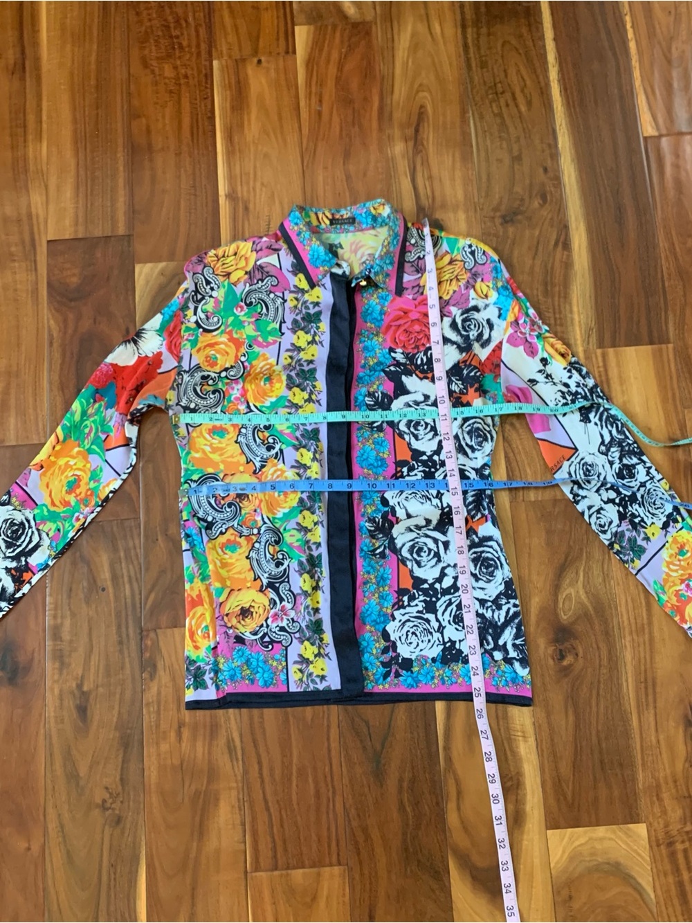 Versace 100% Silk Blouse Shirt Floral Vintage 1990s Baroque Patchwork Button Up - Picture 10 of 12
